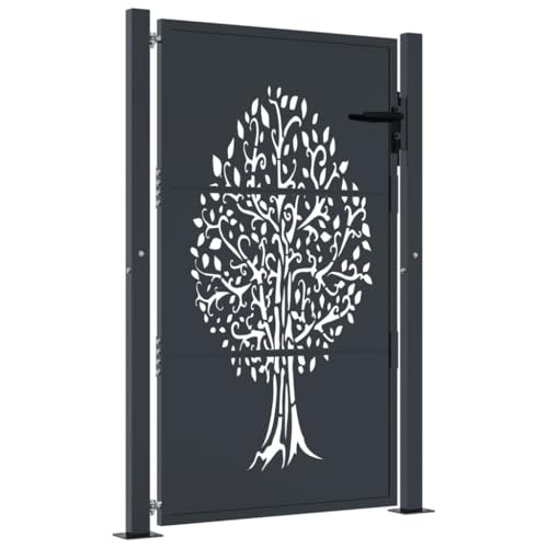 vidaXL Garden Gate Fence - Anthracite Steel - 105x155 cm - Tree Design - Galvanized, Powder-Coated - Laser-Cut - Lockable