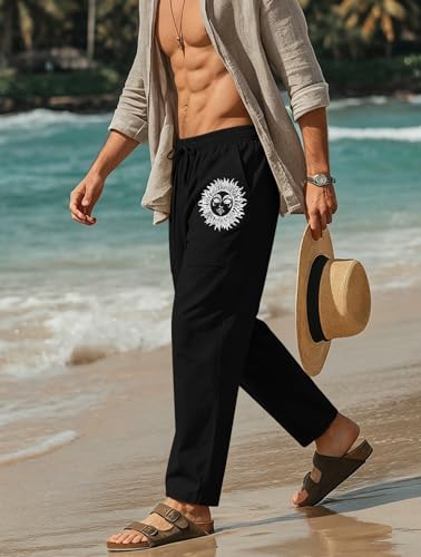 Image of Puimentiua Cotton Linen Pants Men, Summer Beach Pants Loose Fit with Elastic Waist Drawstring