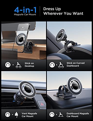 Lisen Fits For Magsafe Car Mount Iphone Holder 20X Strong Magnetic Phone Holder For Car 4In-1 Fits Iphone 14 Iphone 14 Pro Max Magsafe Case & Android Phone Mount For Car Vent Dashboard Silver Grey #TOP1