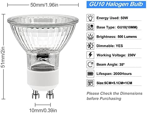 ETUOLMP GU10 Dimmable Halogen Light Bulbs 2 Pin, 6 Pack GU10 Bulb Warm White, GU10 Halogen Bulbs 50W 230V for Wax Warmer Bulbs, Spot Lights Bulbs, Track Light Bulbs, Candle Warmer Light Bulbs