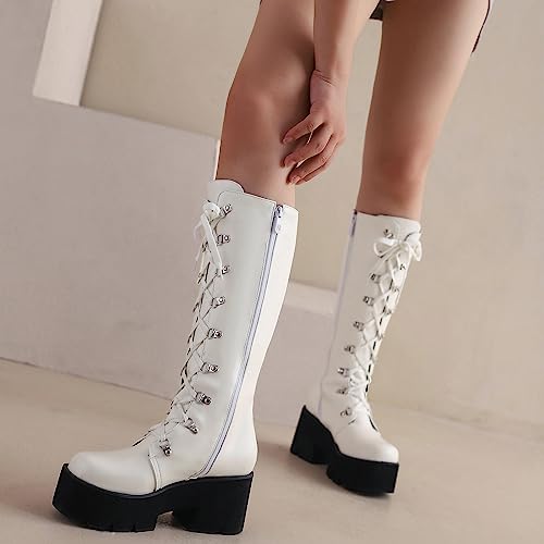 Image of Parisuit Women's Knee High Goth Platform Boots Lace Up Combat Boots | Chunky High Heel, Buckle Boots, Punk Chain Boots