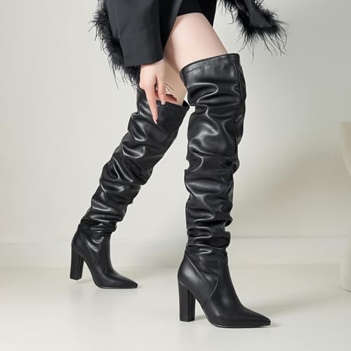 Roimaash Black Slouch Ruched Boots Knee High for Women Wide Calf Thigh High Boots4