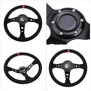 Car Racing Steering Wheel, 350mm/14inch Universal Modified Car Drifting Competitive Game Steering Wheel With Horn Button, 6 Bolt Grip Deep-Dish Slip-Resistant Sport steering wheel, Suede Leather, Red