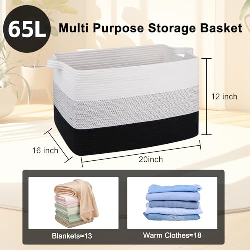 Image of OIAHOMY Large Blanket Basket, 65L Cotton Rope Woven Laundry Basket, Toy Bin for Baby Room, Container for Blanket Storage in Living Room, 20''x16''x12'', Gradient Black
