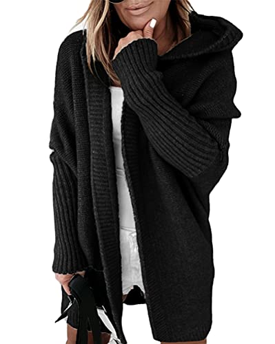 Minetom Damen Strickjacke Frauen Cardigan Kapuzenpullover Lose Warm Herbst Winter Lang Strickcardigan Jacke Mantel mit Kapuze Schwarz S