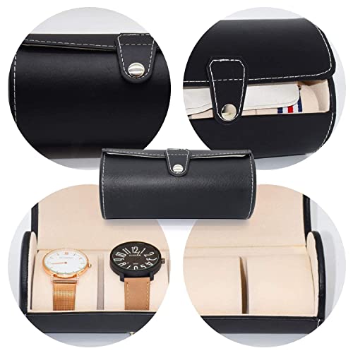 Image of Premium 3 Slot Watch Keeping Box for Men Women PU Leather Watch Organizer Round Case Watch Holder Pouch for Travel with Lock and Cushion - Black - Pack of 1