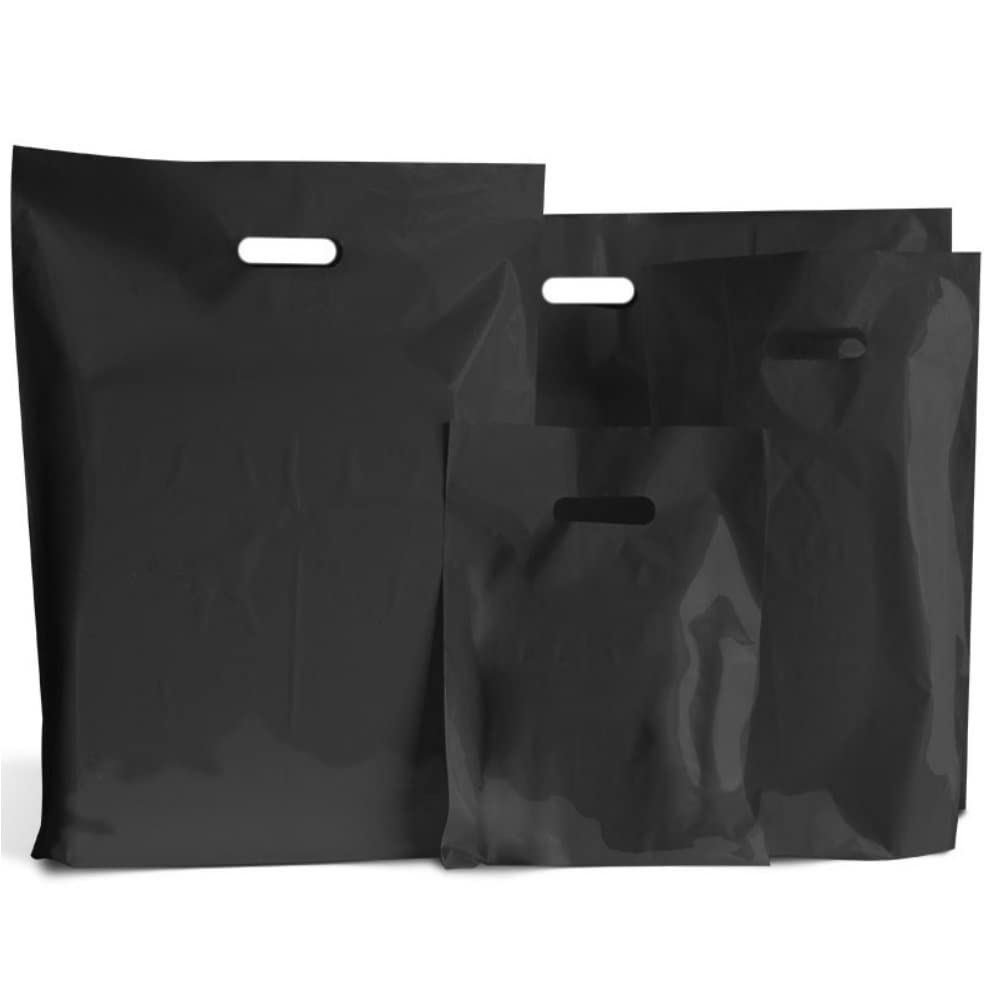 BLACK PLASTIC BAGS/GIFT SHOP CARRIER BAG/BOUTIQUE RETAIL - SMALL & LARGE (500, SMALL 10x12+4 Inches)