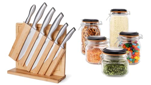 Eatneat 8-Pc Stainless Steel Chef Knife Set W/Bamboo Cutting Board & 5-Pc Airtight Glass Kitchen Canisters W/Black Lids #TOP8
