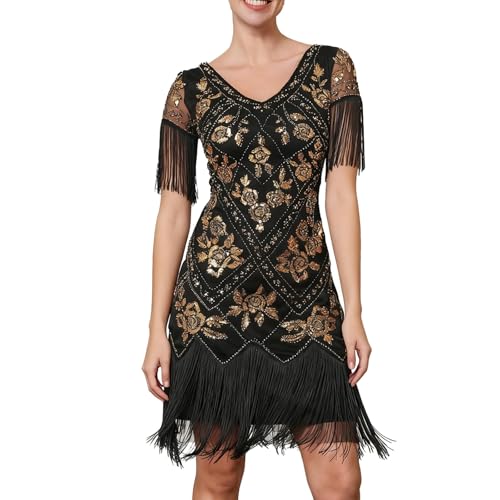 Vestido elegante con cuello en V estilo Gatsby años 20 confeccionado con flecos y lentejuelas