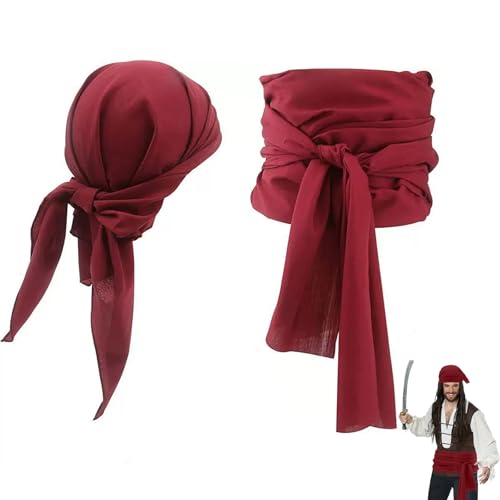 FiveMileBro Accesorios para Disfraz de Pirata, Juego de Accesorios de Pirata para Adultos y Adultas con Bandana y Cinturón, Ideal para Halloween, Carnaval, Cosplay (rojo oscuro)