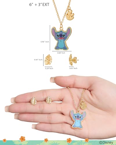 Disney Stitch Jewelry Set Official License with 16+3 Necklace and Palm Leaf Earrings, Gold Tone Fashion Necklace and Stud Earrings3