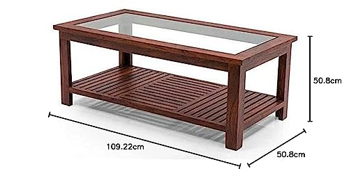 Image of Solid Sheesham Wood Modern Rectangular Coffee Table with Glass Top for Living Room with Bottom Storage Shelf /Glass Center Table for Sofa (Wooden)