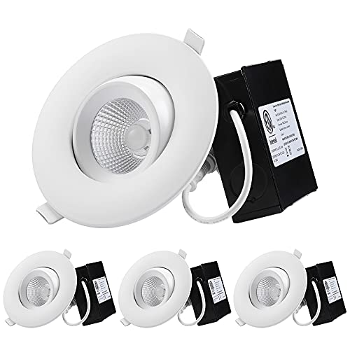 TORCHSTAR 4 Inch LED Gimbal Recessed Lighting with J-Box, 12W Dimmable Downlight, CRI 90+, 950lm, 3000K Warm White, Die-cast Aluminum, ETL & Energy Star Listed, 5 Years Warranty, Pack of 4