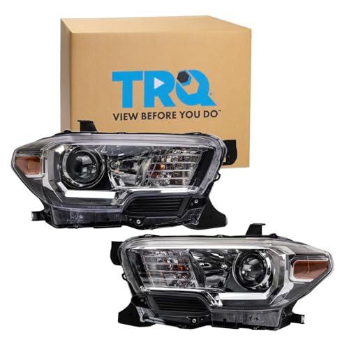 Image of TRQ 2 Piece Headlight Assembly Set Halogen Black Bezel Driver & Passenger Side Compatible with Toyota Tacoma 2016-2017 Without LED Daytime Running Lights Without Fog Lights TO2502243 TO2503243