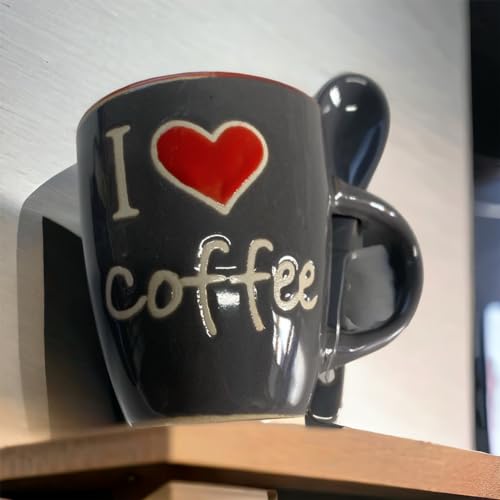 generico Taza de café, taza de café de cerámica con cucharilla integrada, taza con texto 'I Love Coffe', altura 6,5 cm, capacidad 65 ml (blanco y gris)