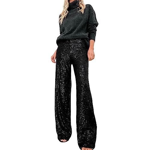RTGSE Pantalones largos de lentejuelas para mujer, cintura elástica brillante, corte holgado,...