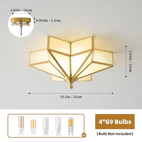 Image of Star Brass Ceiling Light - 12.2 In Small Gold Milk Glass Flush Mount