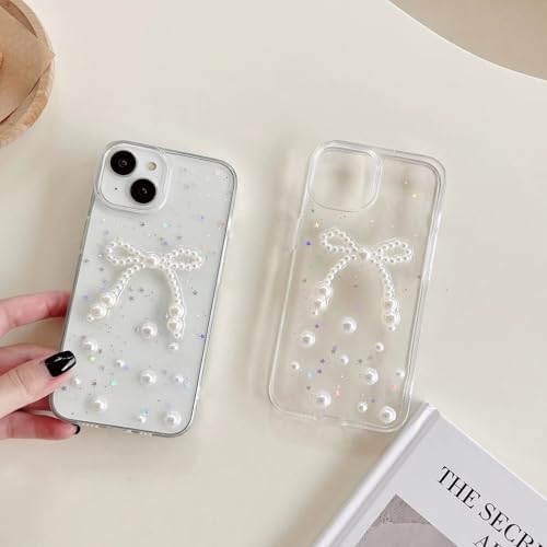 Image of COVERLY for iPhone 15 Pro Max 3D Luxury Pearl Bow Resin Phone Case,Trendy Translucent Cute Hard Epoxy Art Crystal Clear -Non Yellowing Love Heart Pearl Princess Cover for Apple iPhone 15 Pro Max