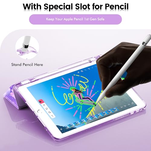 INFILAND Case for iPad 6th/5th Generation 9.7 Inch 2018/2017, iPad Air 2 Cute Glitter Clear Protective Cover for Kids, Girls, Woman, with Pencil Holder (Purple Flutter) by INFILAND - Image 4