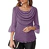 Lotusmile Blouses for Women Dressy Casual 3/4 Sleeve Cowl Neck Sparkly Tops Cocktail Shirts for Evening Party