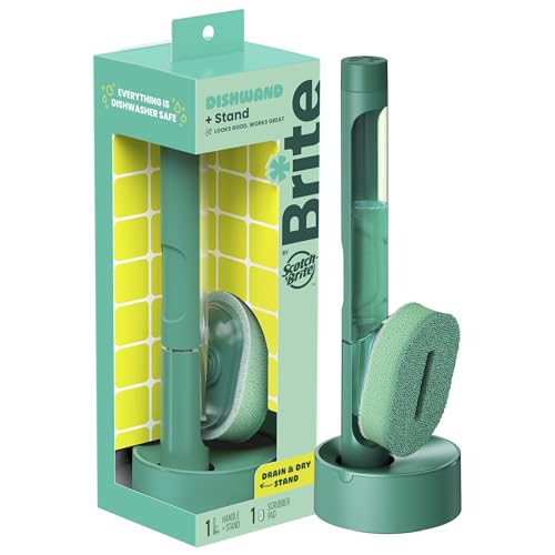 Brite by Scotch-Brite Fillable Dishwand with Drain + Dry Stand, Household and Kitchen Sponge for...