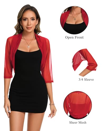 Image of MINTLIMIT Women's Elegant Sheer Mesh Shrug Bolero Batwing 3 /4 Sleeve Open Front Cropped Cardigan Shrugs for Evening Dress