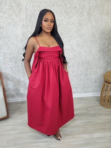 Image of YUEWOO Midi Dresses for Women Casual Summer Sundresses Vacation Outfits Spaghetti Strap Smocked Women Maxi Dress with Pockets