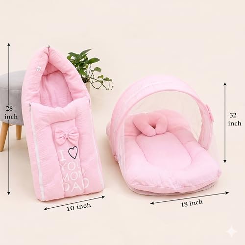 Image of Fareto Combo of Baby Bed with Net | Carry Bag | 4 Pcs Bedding Set (0-6 Months, Baby Size, Cotton) (Pink M)