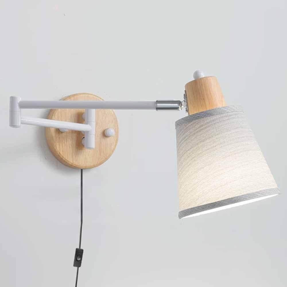 HELCEKOU Nordic Swing Arm Wall Lamp with Pull Switch Adjustable Angle Fabric Mount Lighting Plug in Bedside Reading Sconce Wood Decor Double Section Light for Living Room Hallway.