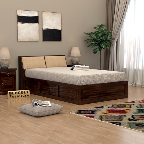 Image of Solid Sheesham Wood Armania Single Size Bed with Hydraulic Storage Bed for Bedroom Living Room Solid Wooden Furniture Bed for Home Hotels -1 Year Warranty (Walnut Finish)
