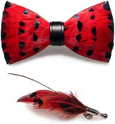 RBOCOTT Handmade Feather Pre-tied Bow tie and Brooch Sets for Men