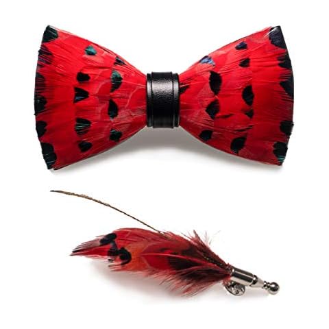 RBOCOTT Red Leather Feather Handmade Pre-tied Bow tie and Brooch Sets for Men(10) Cover