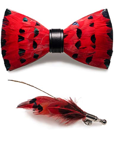 JEMYGINS Noeud Papillon Homme rouge noir en Plume en Plumes Fait Main et Broche Ensemble Compris boîte
