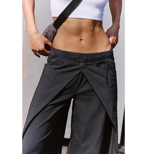 Mxiqqpltky Women Y2K Wrap Front Pants Casual Button Elastic High Waisted Wide Leg Pants Trendy Loose Fit Trousers Streetwear4