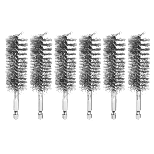 sourcing map 6Pcs 304 Stainless Steel Bore Brush 28mm Dia 4.5" Long Cleaning Twisted Wire Brush with Handle 1/4" Hex Shank for Tubes Ports Bearings, Silver