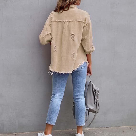 Women's Distressed Denim Jacket Button Down Oversized Jean Jackets Ripped Frayed Shacket Coat Outerwear3