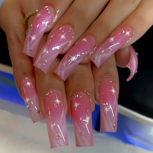 MERVF Long Press on Nails Curved Square White French Tip Fake Nails Pink Glue ons Acrylic Nail Star Rhinestones Design 20pcs Glossy