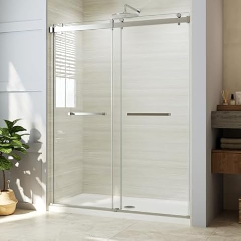 FerdY 56"-60" W x 77" H Frameless Sliding Shower Door, 3/8"(10mm) Thick Tempered Glass, Frameless Shower Door with Explosion-Proof Film and Stainless Steel Hardware, Brushed Nickel Finish Cover