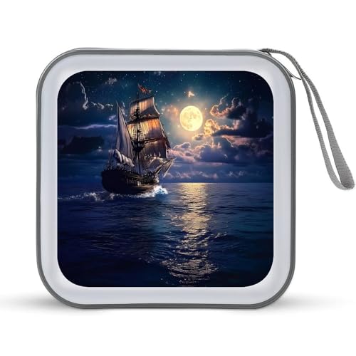 Boat Seascape And Moon in The Sky CD Case Portable DVD Holder Storage Organizer for Home Travel