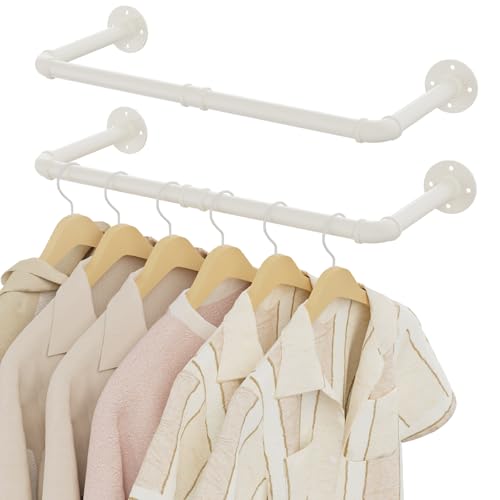 YheenLf Perchero de Pared Industrial, 64cm Barra de Armario para Colgar Ropa, Tubo Colgante Desmontable, Ahorro de Espacio, para Balcones, Dormitorios, Beige, 2-Pack