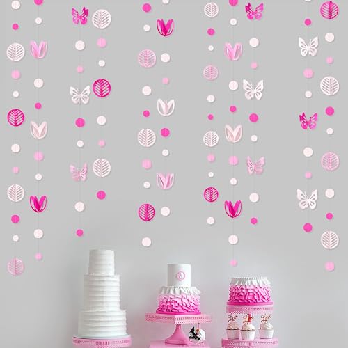Image of Spring Party Decorations Hot Pink White 3D Butterfly Tulip Flower Leaf Circle Dot Garland Hanging Paper Streamer for Pink Spring Summer Wedding Engagement Bridal Shower Birthday Tea Party Supplies