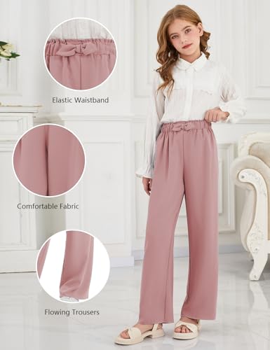 Image of Girls Wide Leg Palazzo Pant Loose Straight Cute Bow Waist Spring Summer Lightweight Dress Pant for Kids 5-14Y