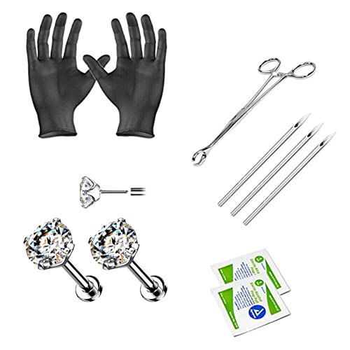 10PCS Piercing Kit Titanium 18G Piercing Needles Jewelry Threadless Flat Back Piercing Nose Studs Earring Helix Cartilage Labret Monroe Body Piercing Tools Kit Alcohol Pads, Gloves, Forcep Slotted