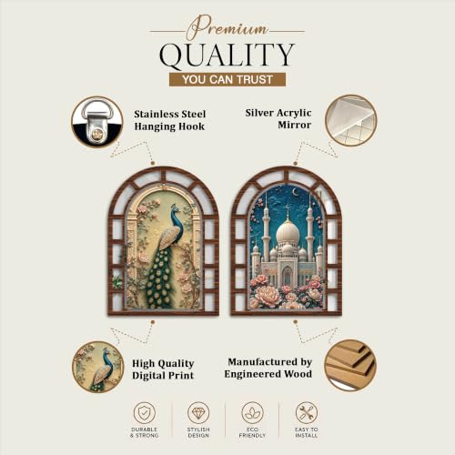 Image of Artvibe Traditional Peacock & Floral Mosque Theme Wall Hanging Decor | Jharokha Mirror Wall Hanging for Living Room, Hall, Bedroom, Dining Room & Office | Gift For Mom & Sister (WHJ 12005N), Set of 2