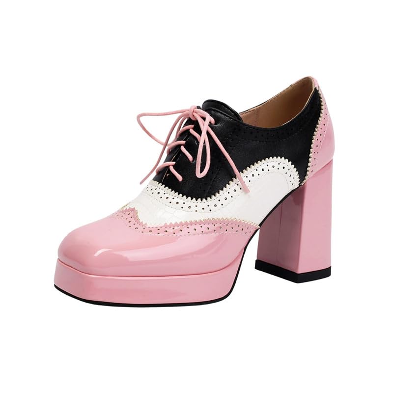 Women’s Color Matching Lace-Up Square Shoes with Flower Detail-image-11