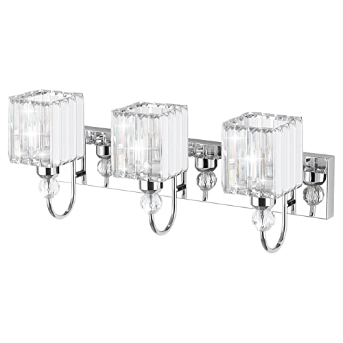 Image of Ralbay Chrome Crystal Bathroom Vanity Light - 3-Lights, 24 inch Modern Wall Light Fixtures