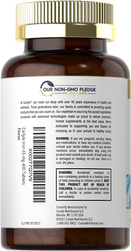 Carlyle CL17981 Iron Ferrous Sulfate 365Mg, 65 Mg | 400 Tablets | Non-Gmo, Gluten Free, And Vegetarian Supplement thumb #2