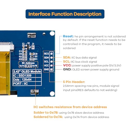Hosyond 2.42 inches 128x64 IIC I2C OLED Display Module SSD1309 Driver OLED Screen Module for Arduino R3 ESP32 (White) - Image 4