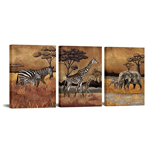 FuShvre 3 Pieces Safari Wall Art Mom and Baby Zebra Giraffe and Elephant Canvas Painting Stretched and Framed Africa Animal Artwork for Home Office Wall Decor