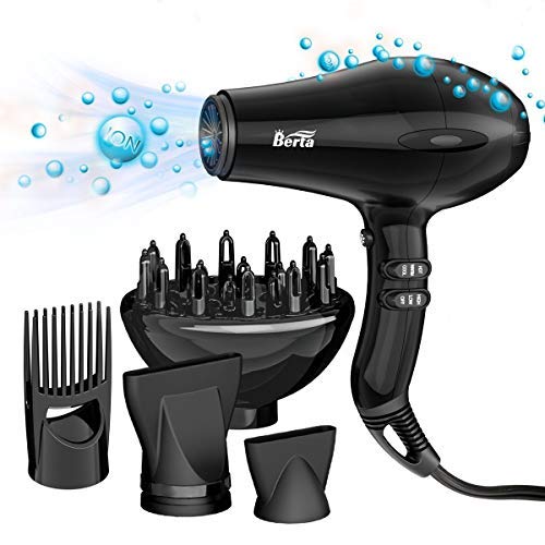 Berta Hair Dryer, 1875w Professional Salon Ionic Blow Dryer 4 Accessories with Nozzle/ Diffuser/ Comb Attachment, AC Motor Hair Dryer (Black)